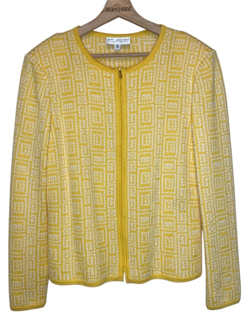ST. JOHN Yellow White Geometric Pattern Knit Jacket Featuring Full Zip Front